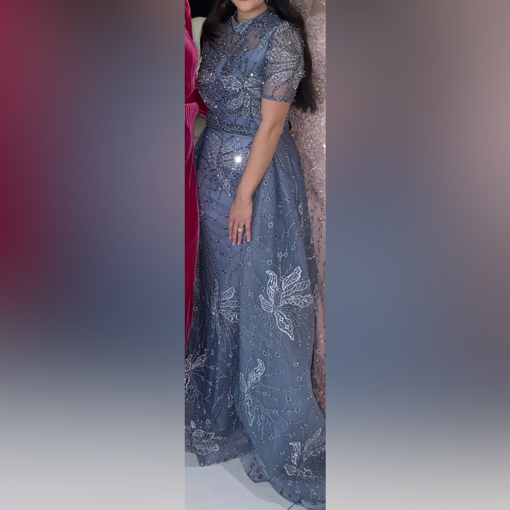 Elegant Blue Evening Gown- fitted with attached overskirt
